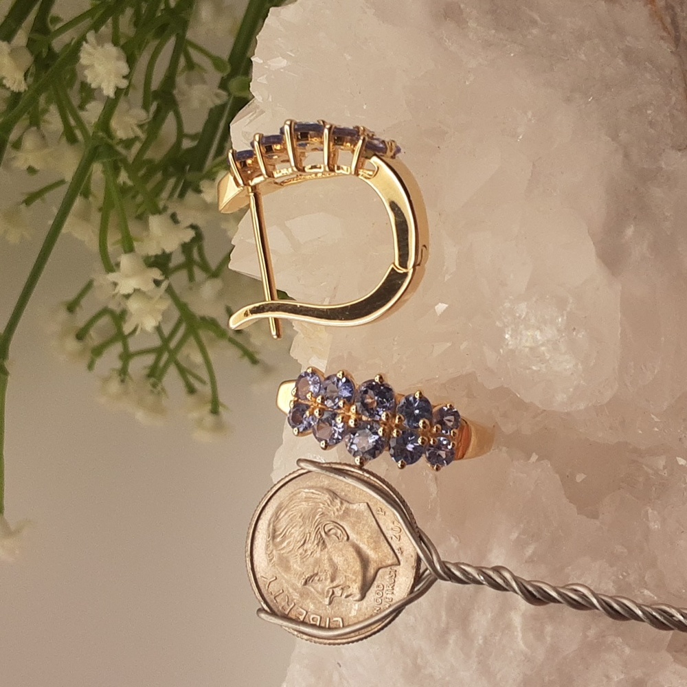 Yellow Gold Over 925, Genuine Tanzanite Hoop Earrings. - Picture 5 of 5
